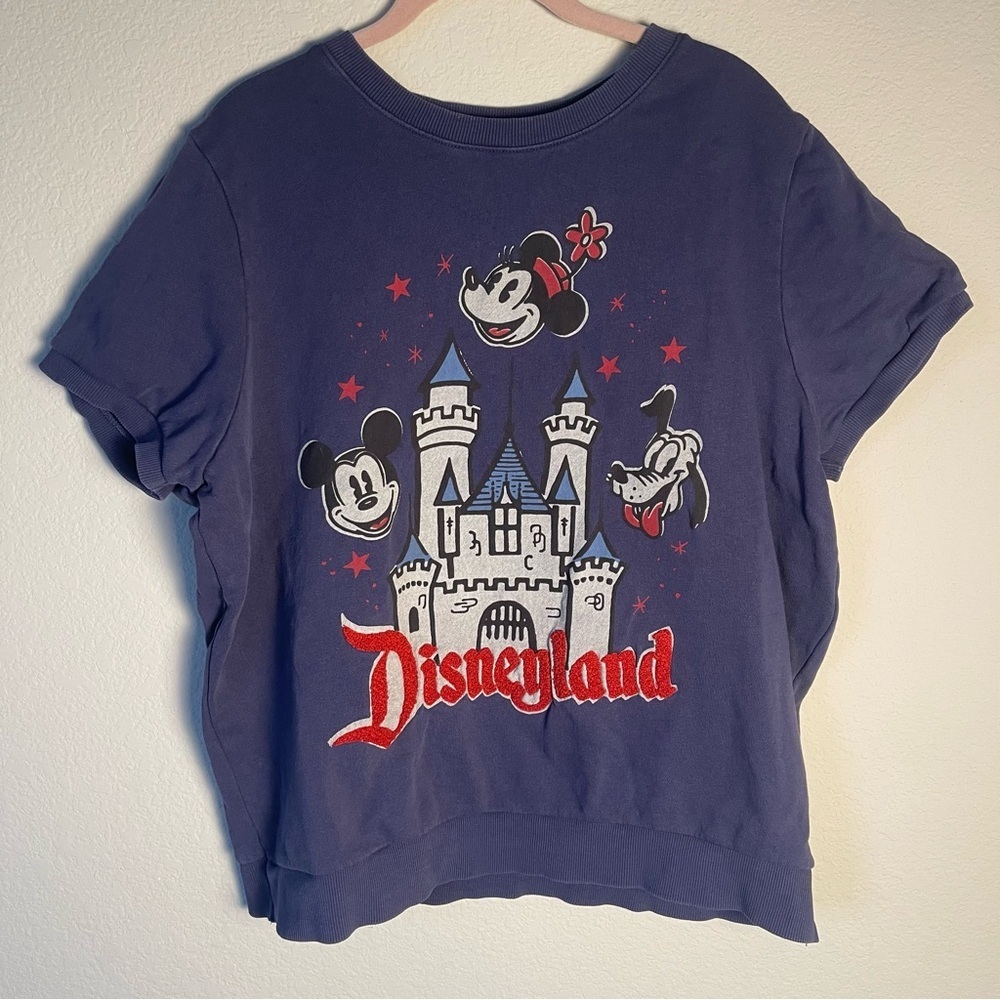 Disneyland Mickey Mouse Pluto Sweatshirt Womens Large Blue Short Sleeve - Picture 1 of 9